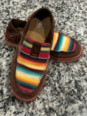 ARIAT Kids Cruiser Slip-on Shoes with Colorful Serape Stripe - Brown. Size 1
